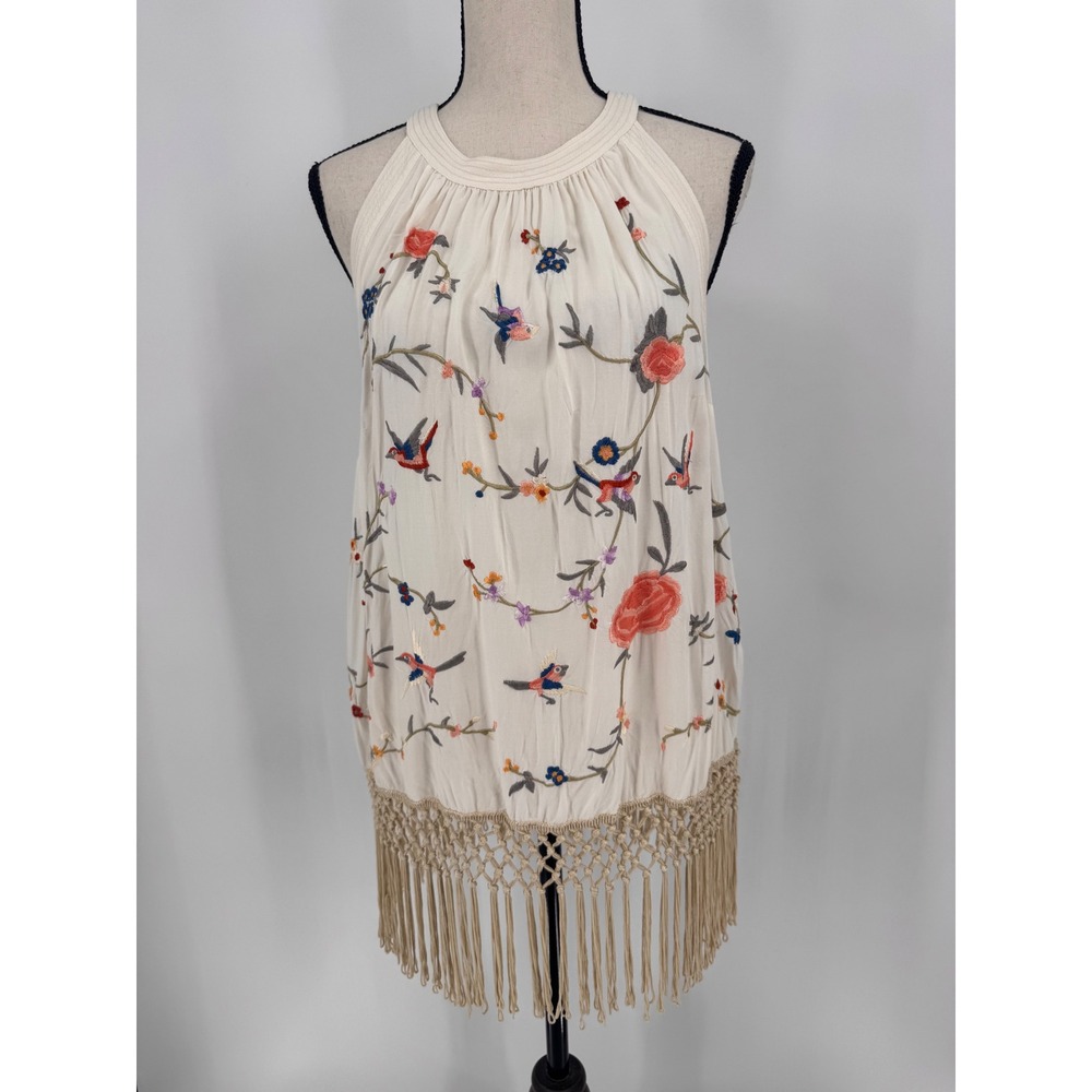 Anthropologie Halter Top Women Size 8 Ivory Embroidered Fringe Boho Bird - Picture 1 of 14